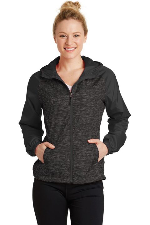Sport-Tek Women’s Heather Colorblock Raglan Hooded Wind Jacket