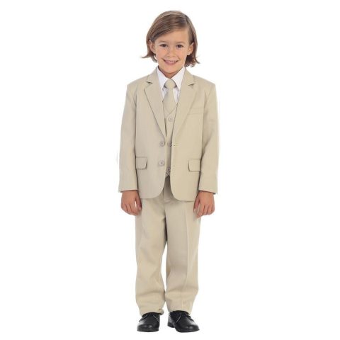Little Boys Khaki Jewels & Gents Jacket Vest Shirt Tie Pants 5 Pc Suit 2T-7