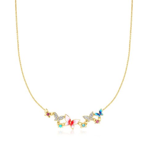 Ross-Simons Multi-Gemstone and Multicolored Enamel Butterfly Necklace in 18kt Gold Over Sterling. 18 inches