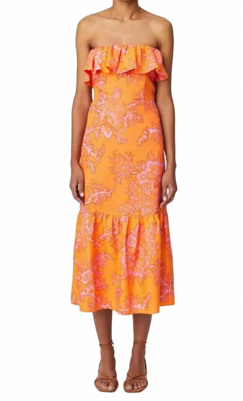 Thea Ruffle Trim Halter Midi Dress In Coral Reef Grande