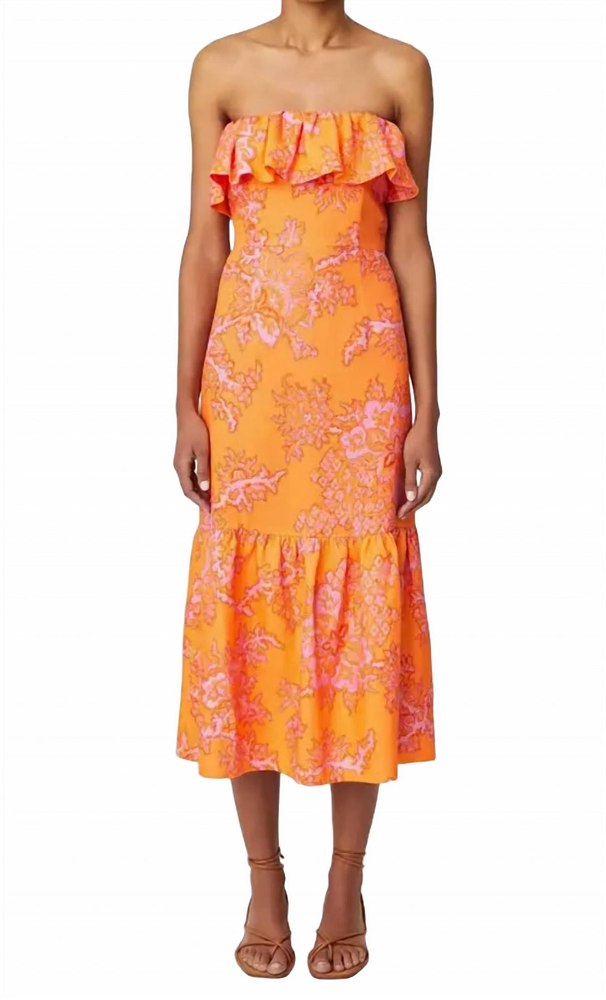 Thea Ruffle Trim Halter Midi Dress In Coral Reef Grande