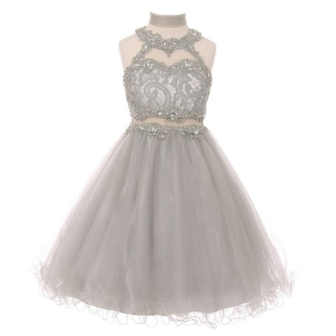 Little Girls Silver Rhinestone Halter Neck Lace Tulle Flower Girl Dress 4-6