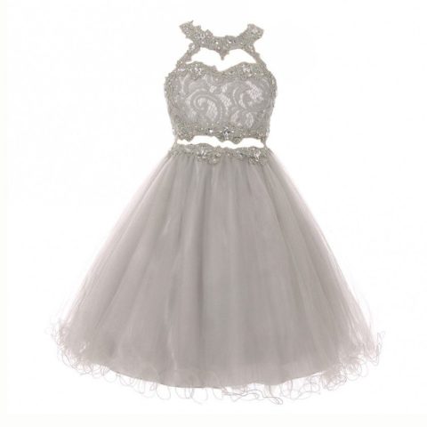 Big Girls Silver Rhinestone Halter Neck Lace Tulle Junior Bridesmaid Dress 8-20