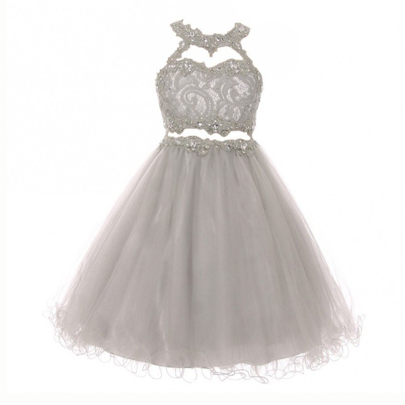 Big Girls Silver Rhinestone Halter Neck Lace Tulle Junior Bridesmaid Dress 8-20