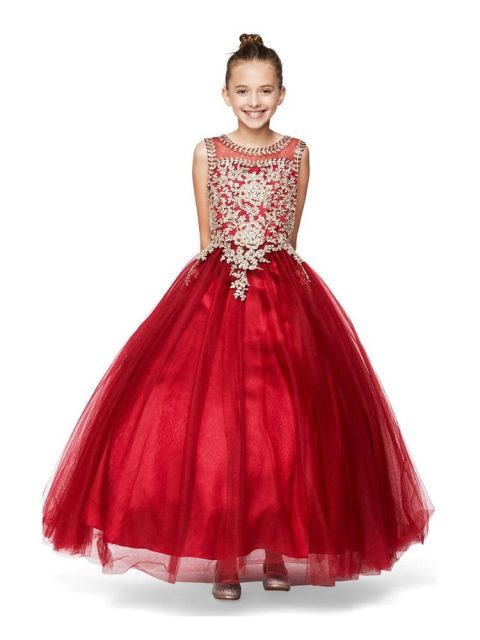 Girls Multi Color Gold Rhinestone Cording Illusion Flower Girl Dress 4-16