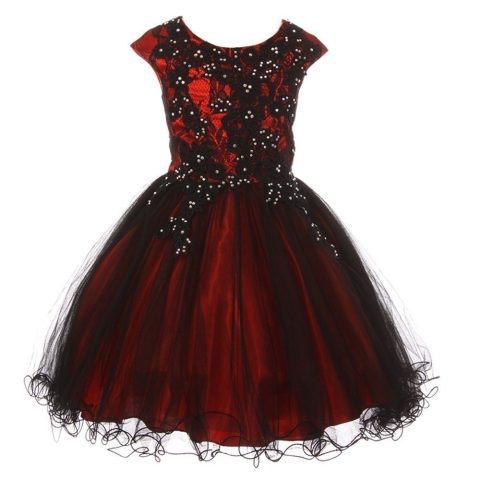 Little Girls Red Black Rhinestone Embroidered Lace Flower Girl Dress 4-6