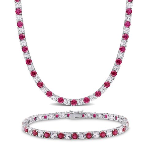 Mimi & Max 47 1/2ct TGW Created Ruby and White Sapphire Necklace and Bracelet Set Sterling Silver