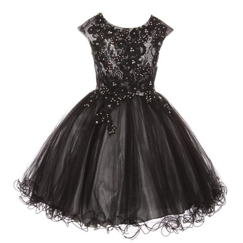 Little Girls Silver Black Rhinestone Embroidered Lace Flower Girl Dress 4-6