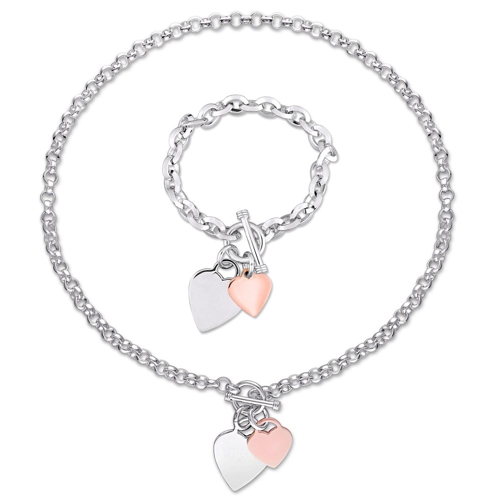 Mimi & Max Heart Charm Bracelet and Necklace Set in Two-Tone Rose and White Sterling Silver