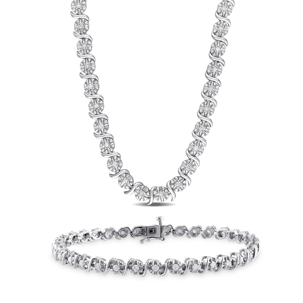 Mimi & Max 1 1/2ct TDW Diamond Tennis Bracelet and Necklace Set in Sterling Silver