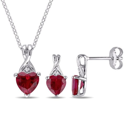 Mimi & Max 3 3/4ct TGW Created Ruby and Diamond Heart Necklace and Earrings Set Sterling Silver