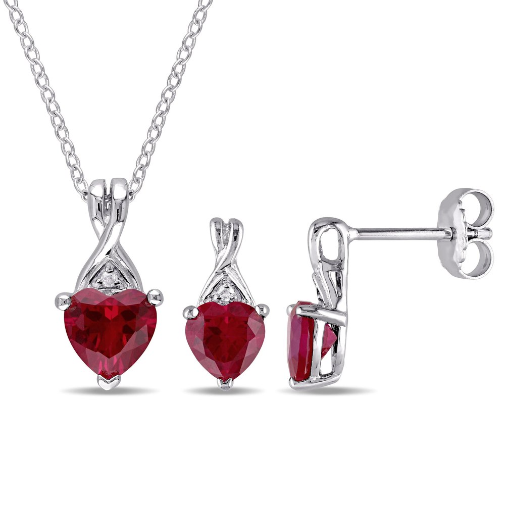 Mimi & Max 3 3/4ct TGW Created Ruby and Diamond Heart Necklace and Earrings Set Sterling Silver