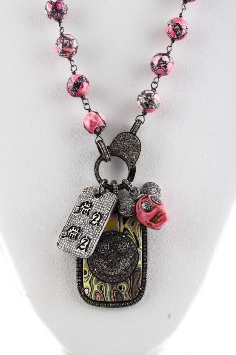 The Woods Womens Sterling Silver Diamond Pink Agate Smile ID Tag Charm Necklace