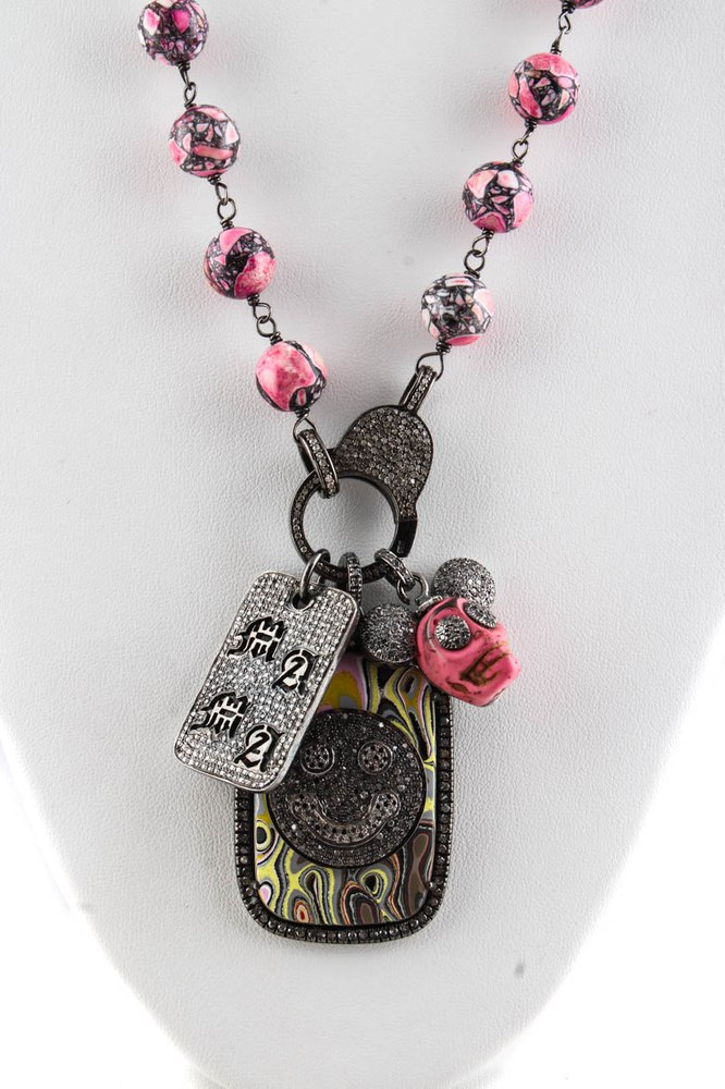 The Woods Womens Sterling Silver Diamond Pink Agate Smile ID Tag Charm Necklace