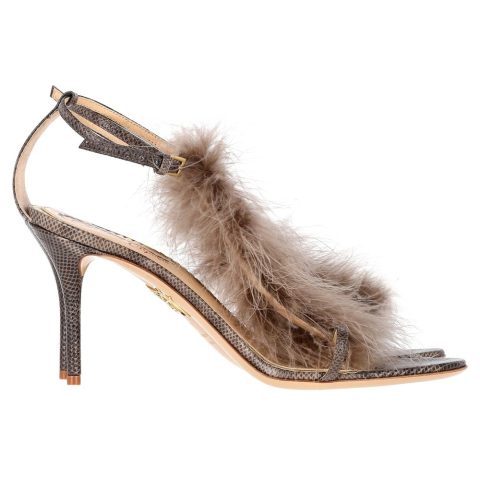 Charlotte Olympia Karung Animal Print Faux Fur Trim Sandals in Brown Leather