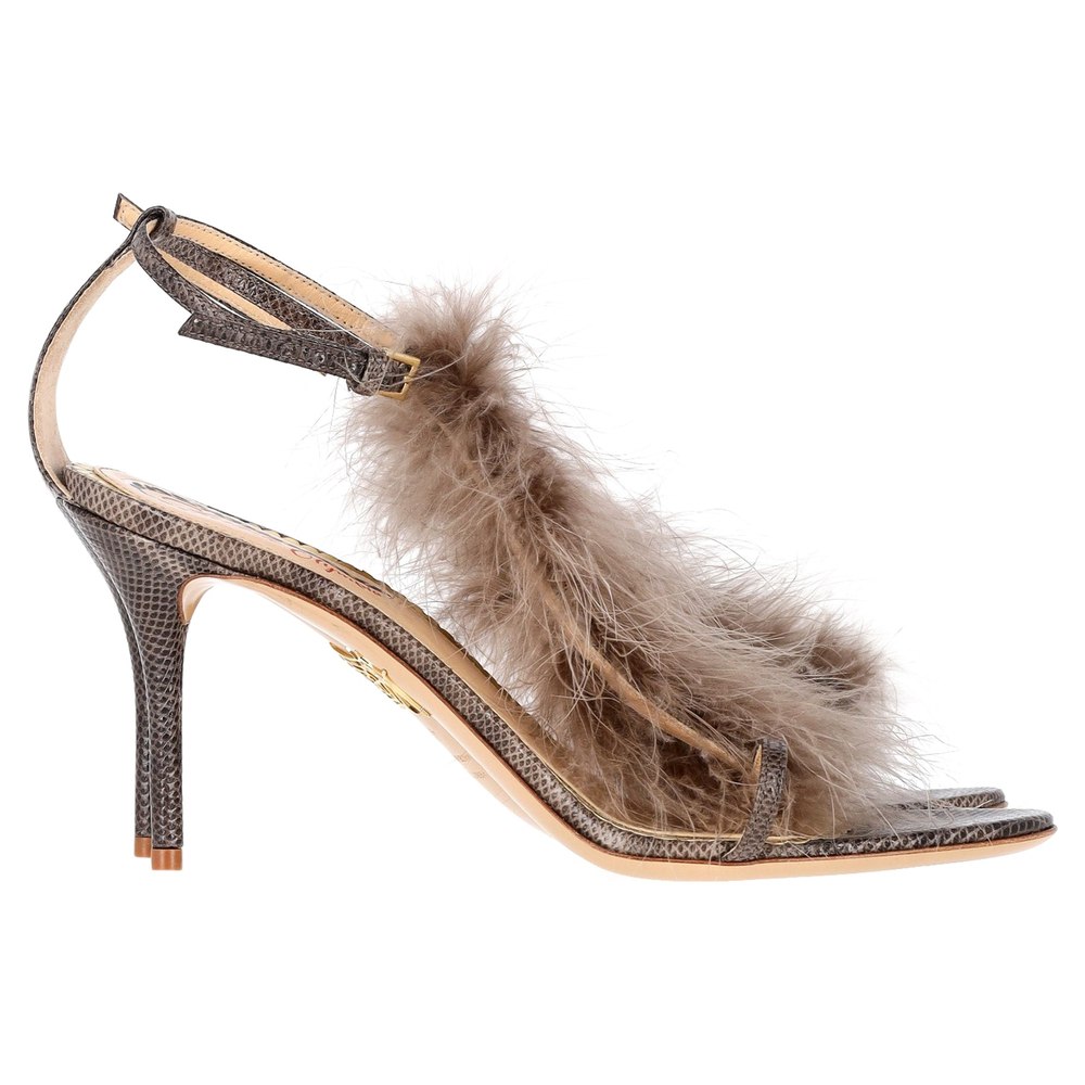 Charlotte Olympia Karung Animal Print Faux Fur Trim Sandals in Brown Leather