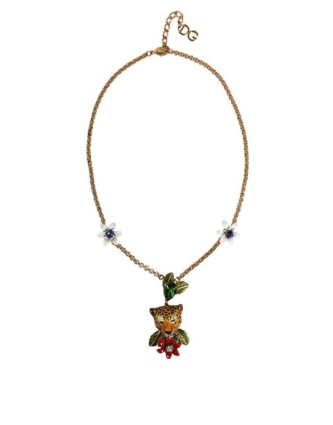 Dolce & Gabbana Brass Leopard Flower Embellished Statement Women’s Necklace (Pre-Owned)