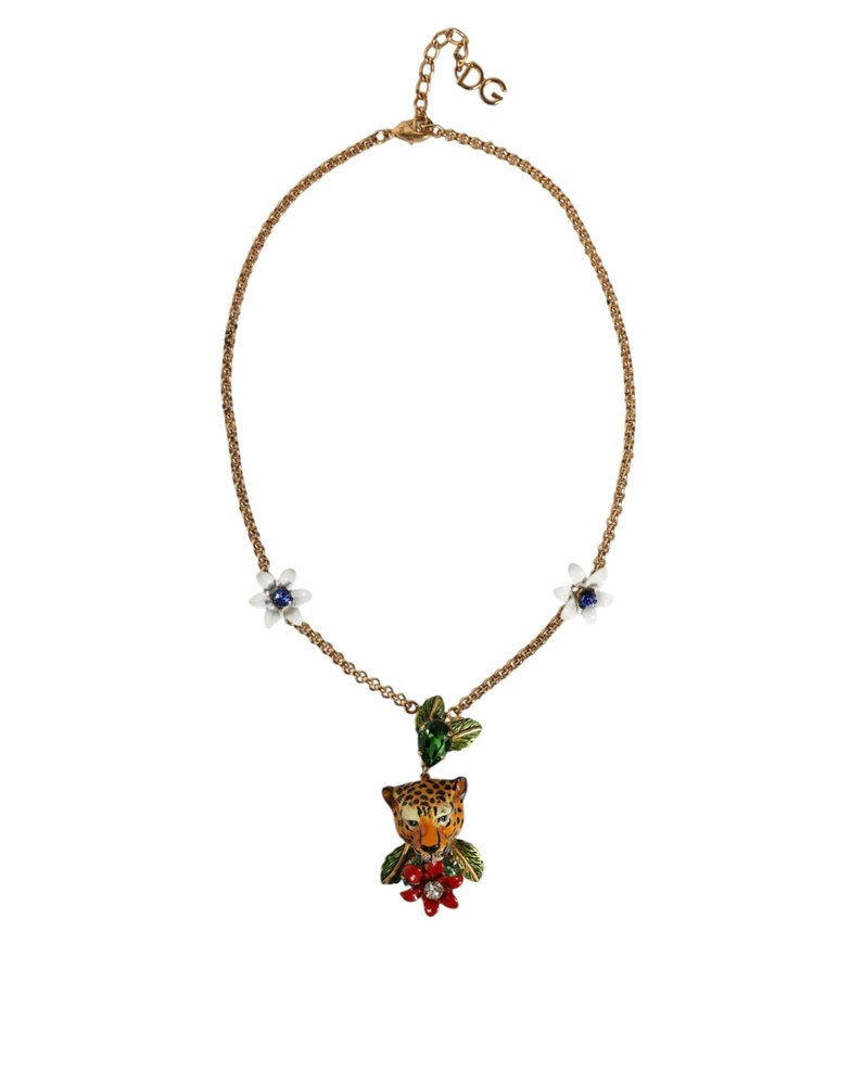 Dolce & Gabbana Brass Leopard Flower Embellished Statement Women’s Necklace (Pre-Owned)
