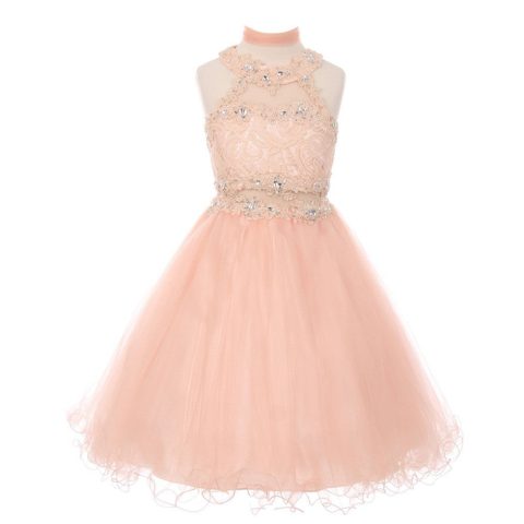 Little Girls Blush Rhinestone Halter Neck Lace Tulle Flower Girl Dress 4-6