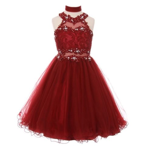Big Girls Burgundy Rhinestone Halter Neck Lace Junior Bridesmaid Dress 8-20