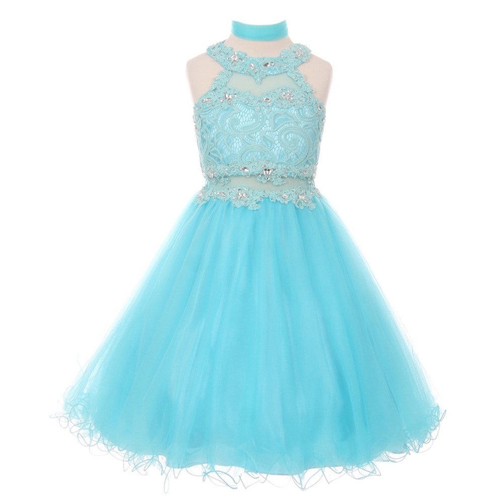 Big Girls Aqua Rhinestone Halter Neck Lace Tulle Junior Bridesmaid Dress 8-20