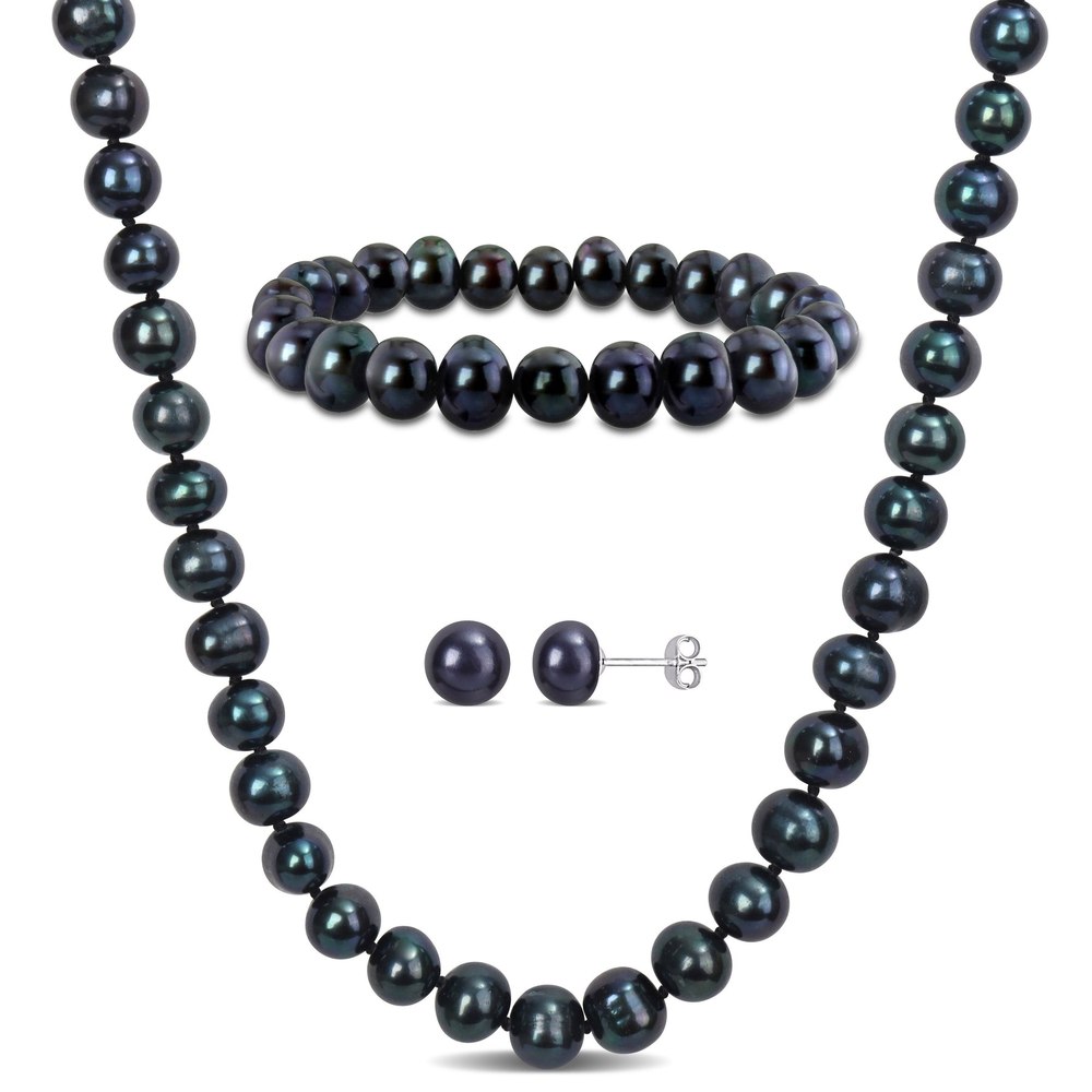 Mimi & Max 7.5-8mm Cultured Freshwater Black Pearl Necklace Bracelet and Earrings Set