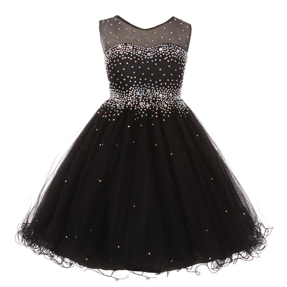 Little Girls Black Sparkling Rhinestone Illusion Tulle Party Formal Dress 4-6
