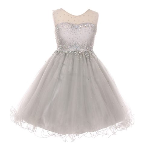 Little Girls Silver Sparkling Rhinestone Illusion Tulle Party Formal Dress 4-6