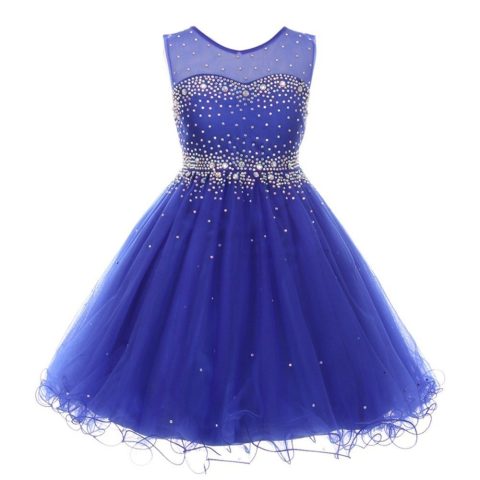 Little Girls Royal Blue Sparkling Rhinestone Illusion Tulle Party Formal Dress 4-6