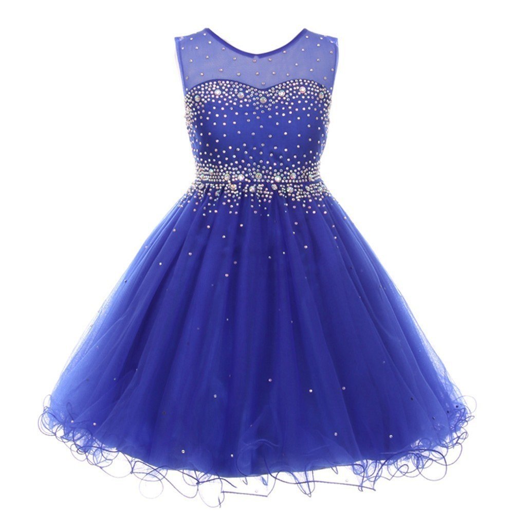 Little Girls Royal Blue Sparkling Rhinestone Illusion Tulle Party Formal Dress 4-6