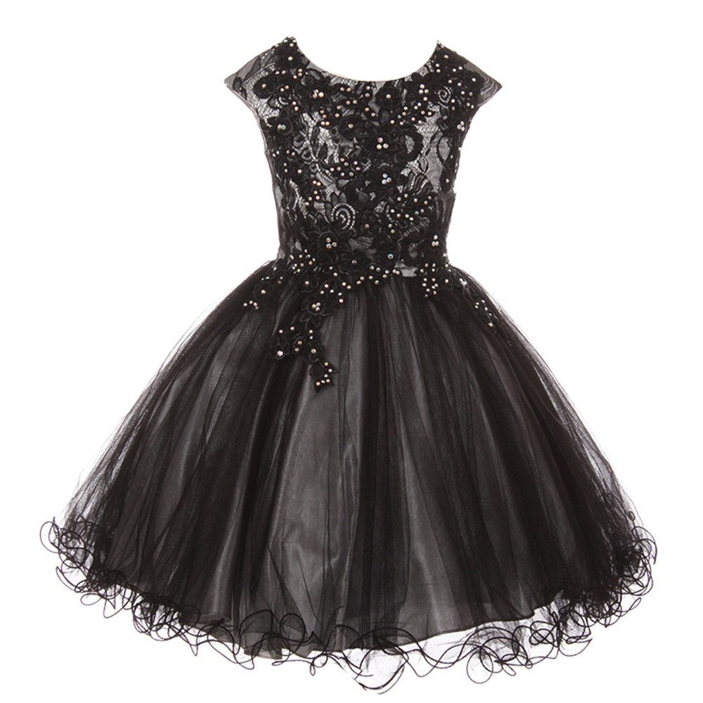 Big Girls Silver Black Rhinestone Embroidered Lace Junior Bridesmaid Dress 8-16