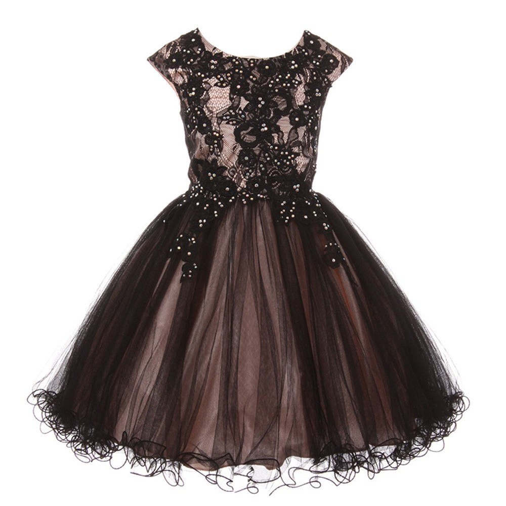 Big Girls Blush Black Rhinestone Embroidered Lace Junior Bridesmaid Dress 8-16