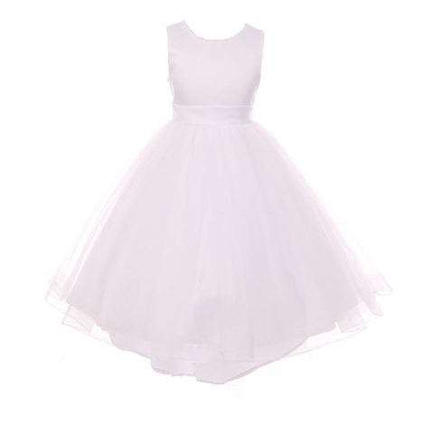 RainKids Big Girls White Pearl Hi-Low Satin Tulle Flower Girl Dress 8-12