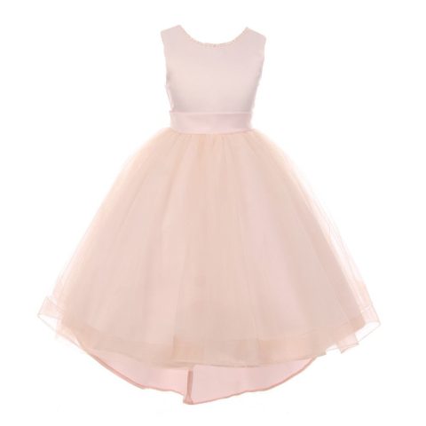 RainKids Little Girls Blush Pearl Hi-Low Satin Tulle Flower Girl Dress 2-6