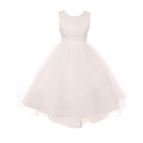 RainKids Little Girls Ivory Pearl Hi-Low Satin Tulle Flower Girl Dress 2-6