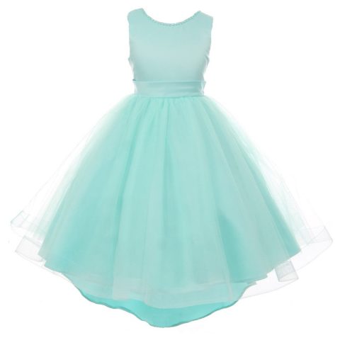 RainKids Big Girls Aqua Pearl Hi-Low Satin Tulle Flower Girl Dress 8-12