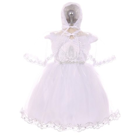 RainKids Baby Girls White Virgin Mary Detail Bonnet Cape Christening Dress 3-24M