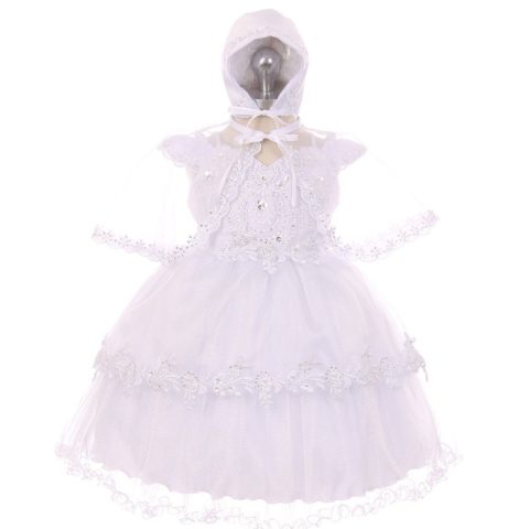 RainKids Baby Girls White Organza Tulle Bonnet Cape Christening Dress 3-24M
