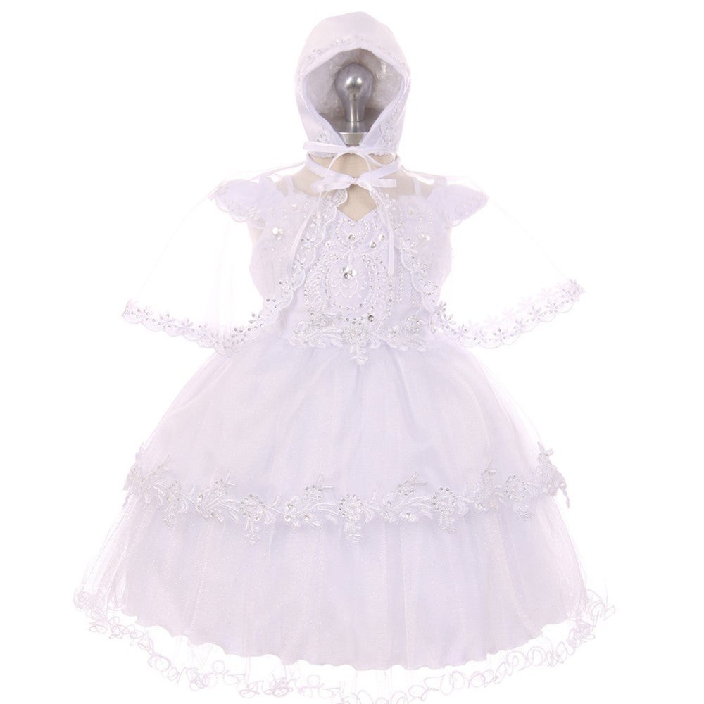 RainKids Baby Girls White Organza Tulle Bonnet Cape Christening Dress 3-24M