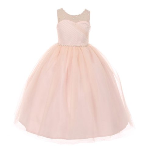 RainKids Little Girls Blush Illusion Pearl Rhinestone Flower Girl Dress 2-6