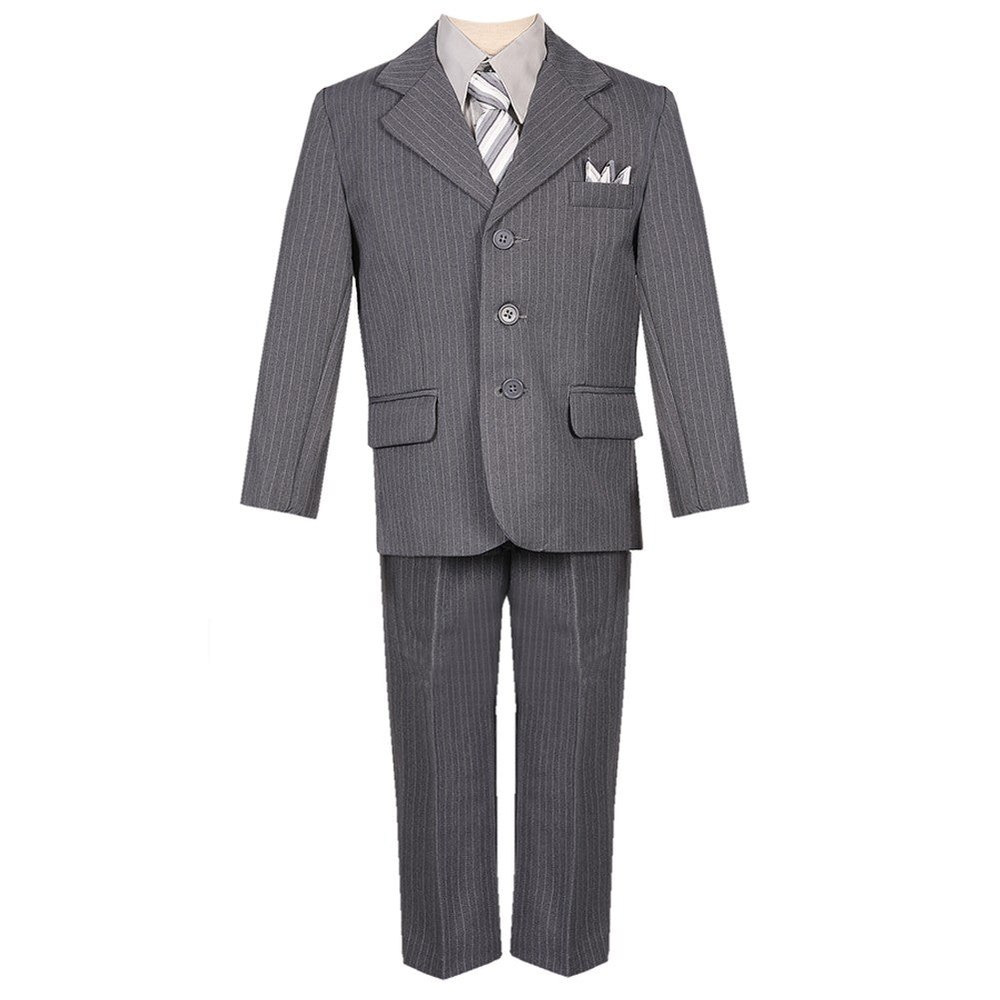 Little Boys Gray Pinstripe 5 Piece Vest Jacket Pants Special Occasion Suit 2-7