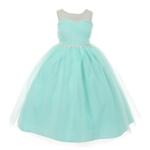 RainKids Little Girls Aqua Illusion Pearl Rhinestone Flower Girl Dress 2-6
