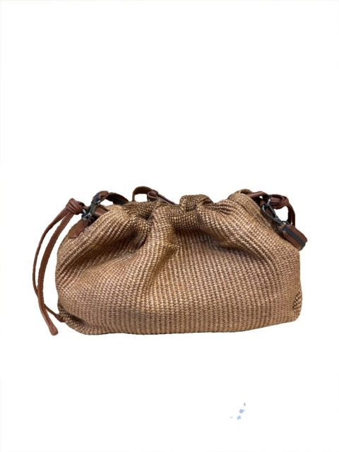 Brunello Cucinelli Women’s Crossbody Straw Bag In Farro with Leather Bead Embellishment Lining