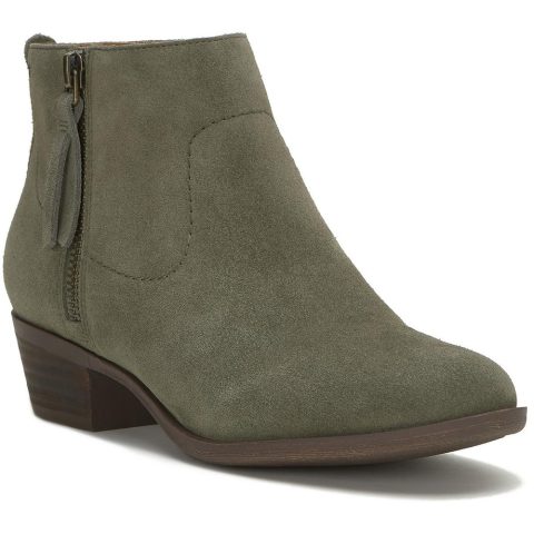 Leather Low Block Heel Almond Toe Ankle Bootie