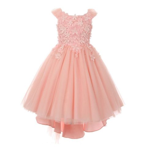Big Girls Blush 3D Flower Adorned Tulle Hi-Low Junior Bridesmaid Dress 8-16