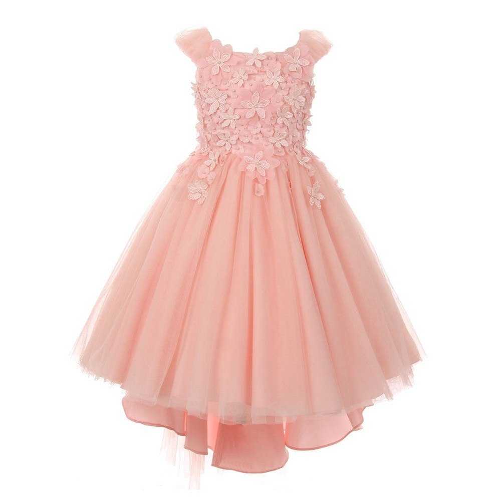 Big Girls Blush 3D Flower Adorned Tulle Hi-Low Junior Bridesmaid Dress 8-16