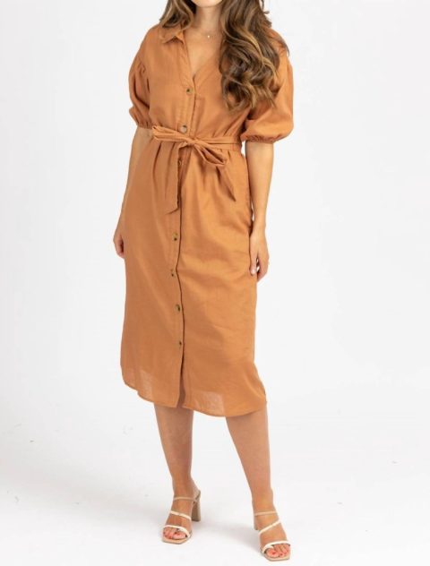 Collared Waist Tie Midi Dress In Auburn