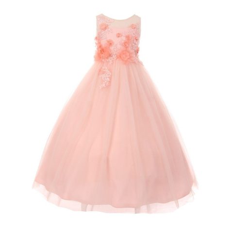 Little Girls Blush 3D Flower Adorned Soft Tulle Illusion Flower Girl Dress 4-6