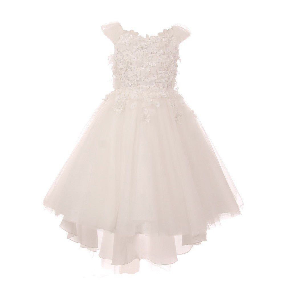 Big Girls Ivory 3D Flower Adorned Tulle Hi-Low Junior Bridesmaid Dress 8-16