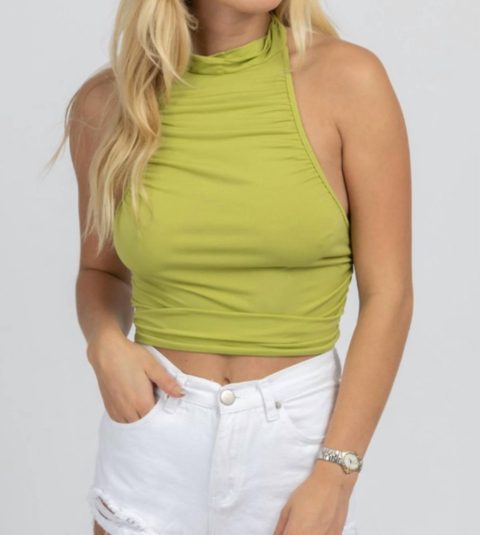 Ruched Halter Backless Top In Avocado